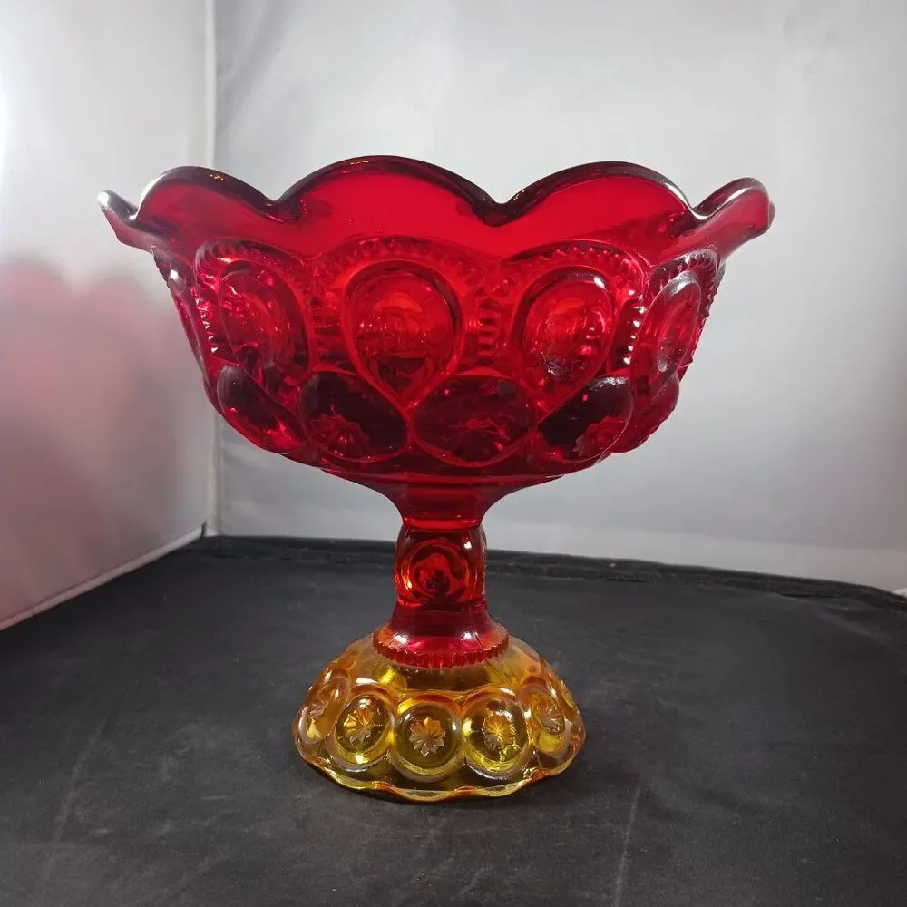 LE Smith Moon & Stars Red Orange Glass Pedestal Footed Compote Candy Dish Bowl